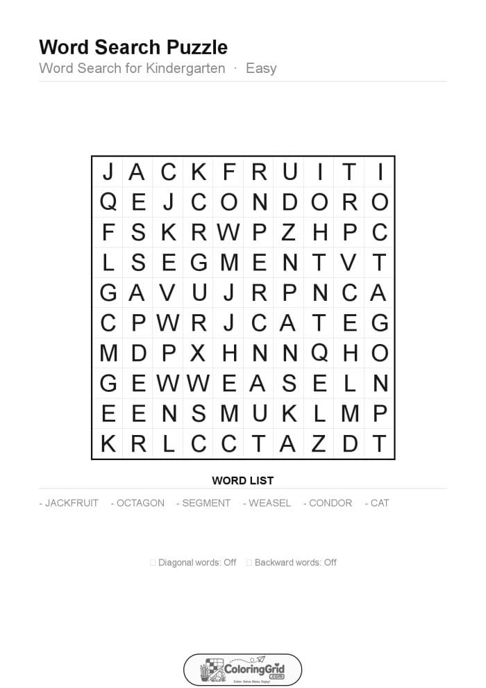 Word Search EASY - Word Search for Kindergarten Puzzle 016