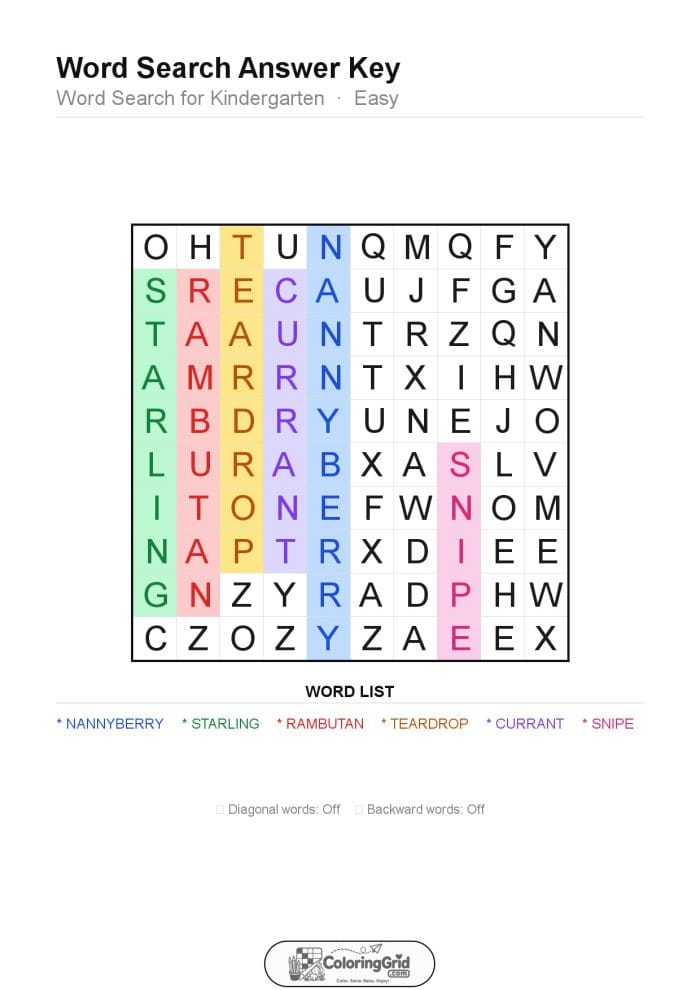 Word Search EASY - Word Search for Kindergarten Puzzle 017 - ANSWER