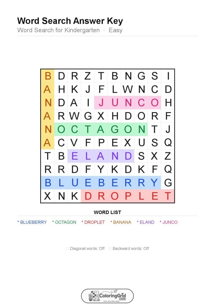 Word Search EASY - Word Search for Kindergarten Puzzle 018 - ANSWER