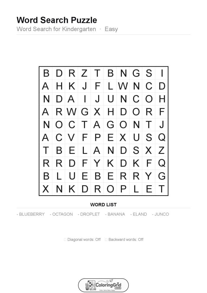 Word Search EASY - Word Search for Kindergarten Puzzle 018