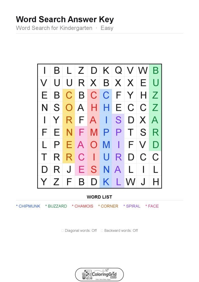 Word Search EASY - Word Search for Kindergarten Puzzle 019 - ANSWER