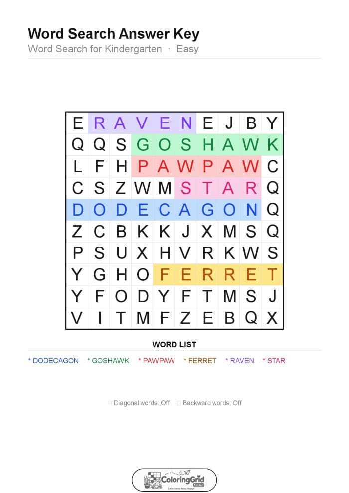 Word Search EASY - Word Search for Kindergarten Puzzle 020 - ANSWER