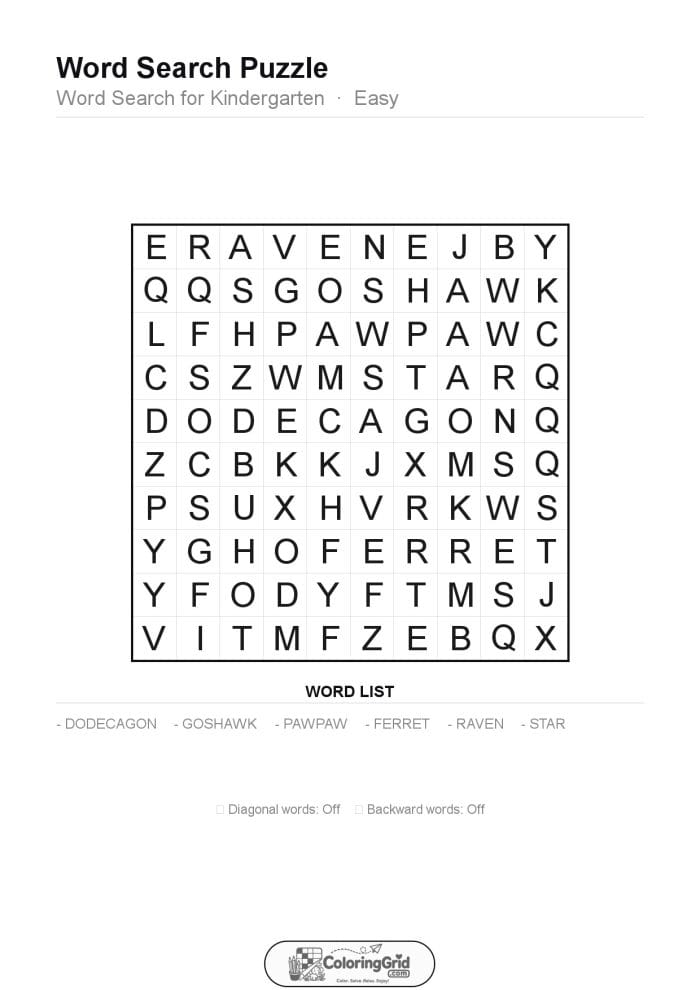Word Search EASY - Word Search for Kindergarten Puzzle 020
