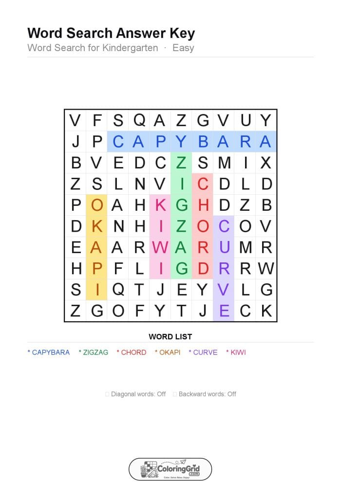 Word Search EASY - Word Search for Kindergarten Puzzle 021 - ANSWER