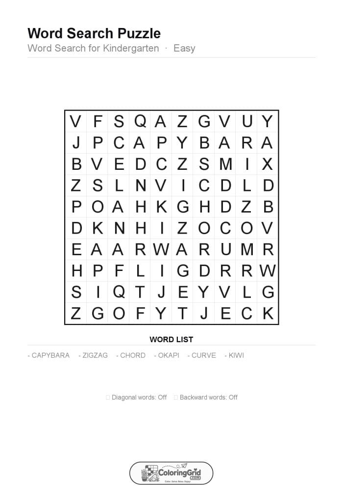 Word Search EASY - Word Search for Kindergarten Puzzle 021