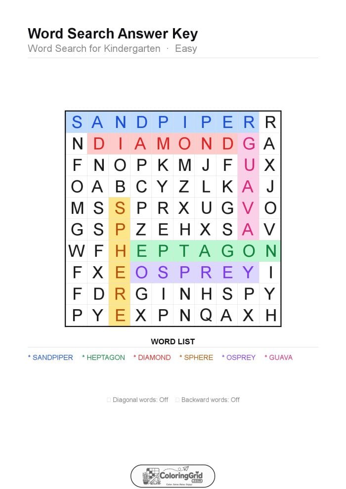 Word Search EASY - Word Search for Kindergarten Puzzle 022 - ANSWER