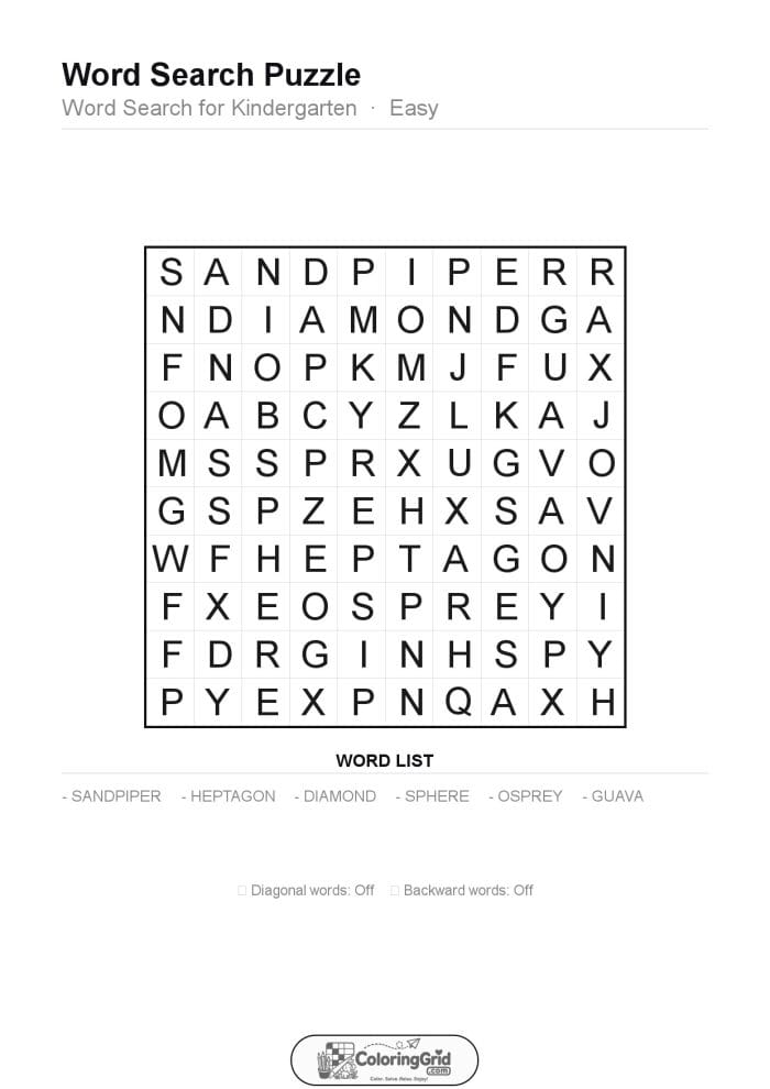 Word Search EASY - Word Search for Kindergarten Puzzle 022