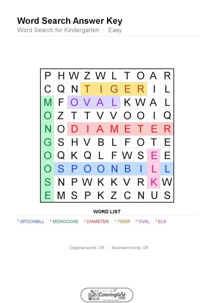 Word Search EASY - Word Search for Kindergarten Puzzle 023 - ANSWER