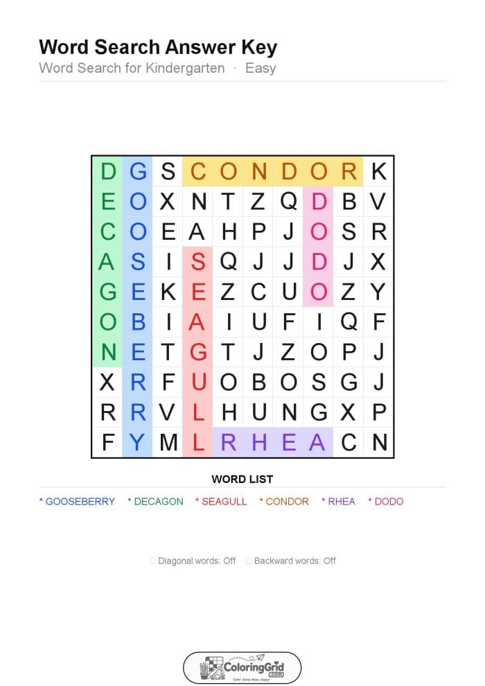 Word Search EASY - Word Search for Kindergarten Puzzle 024 - ANSWER