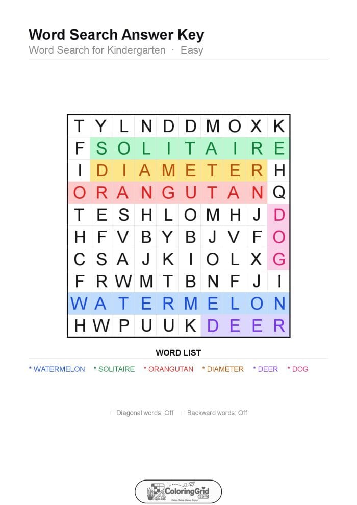 Word Search EASY - Word Search for Kindergarten Puzzle 025 - ANSWER