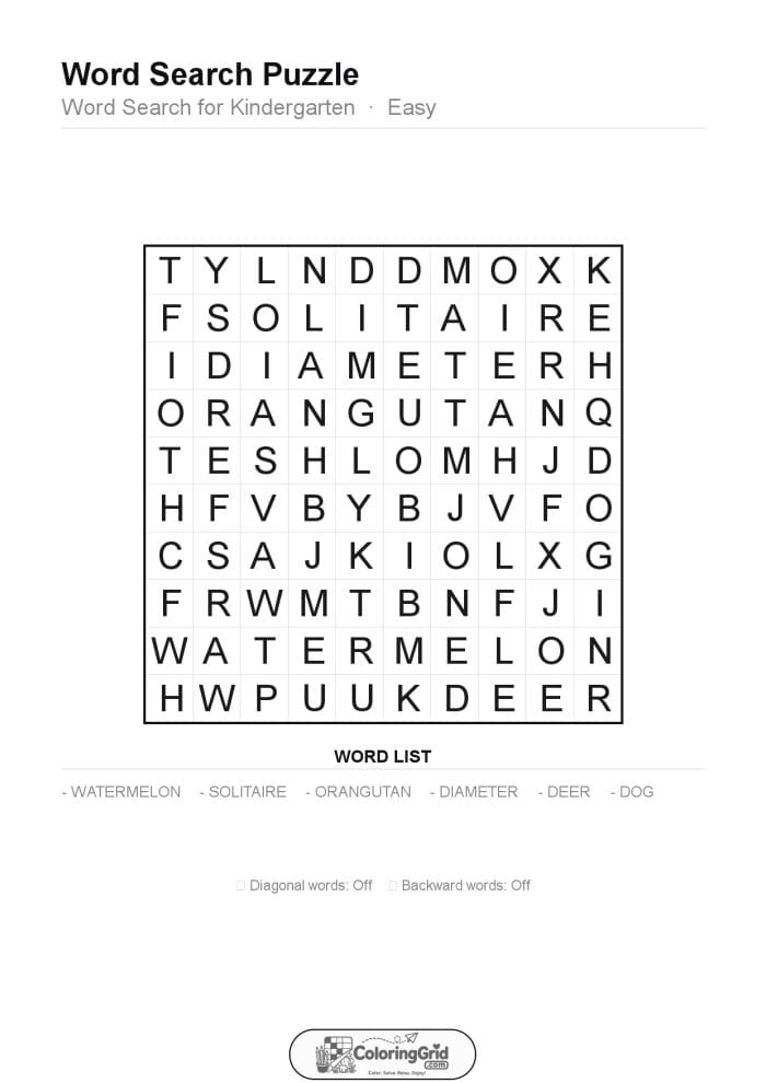 Word Search EASY - Word Search for Kindergarten Puzzle 025
