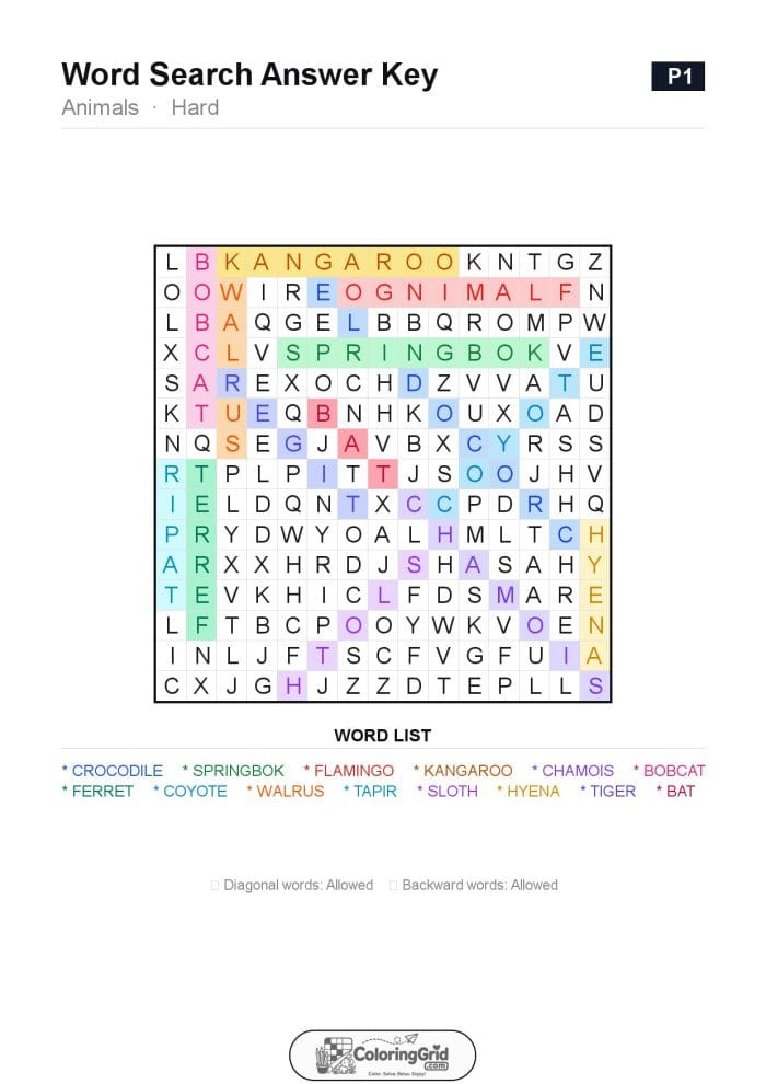 Word Search HARD - Animals Puzzle 001 - ANSWER