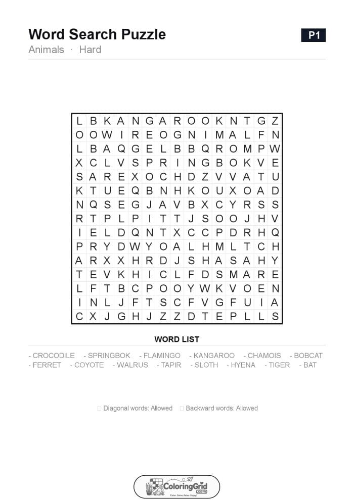 Word Search HARD - Animals Puzzle 001