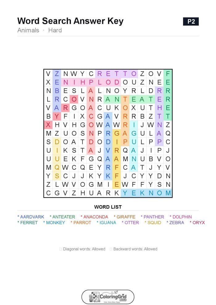 Word Search HARD - Animals Puzzle 002 - ANSWER