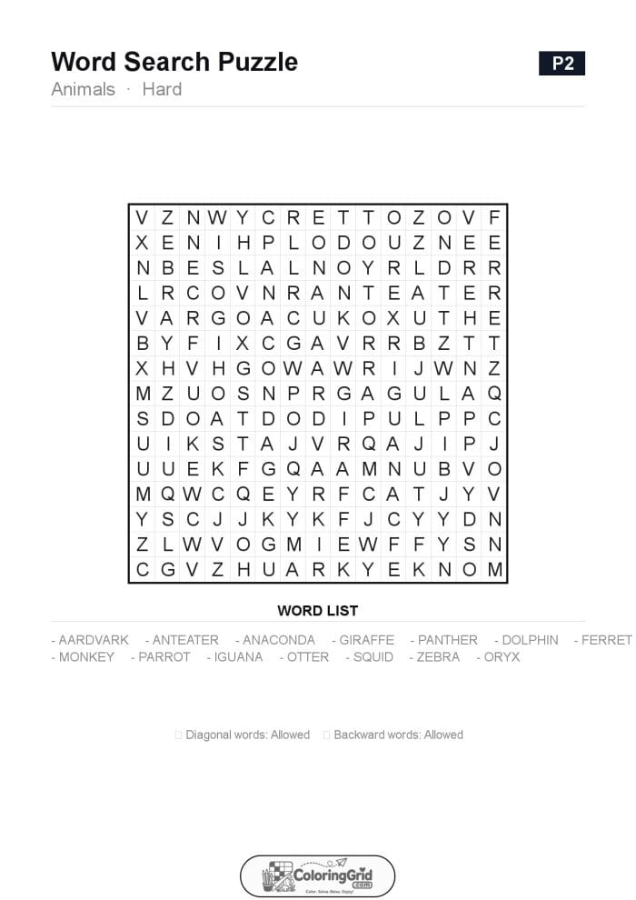 Word Search HARD - Animals Puzzle 002