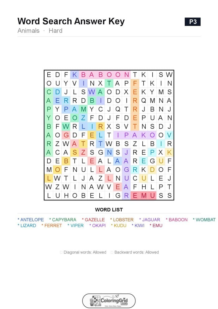 Word Search HARD - Animals Puzzle 003 - ANSWER