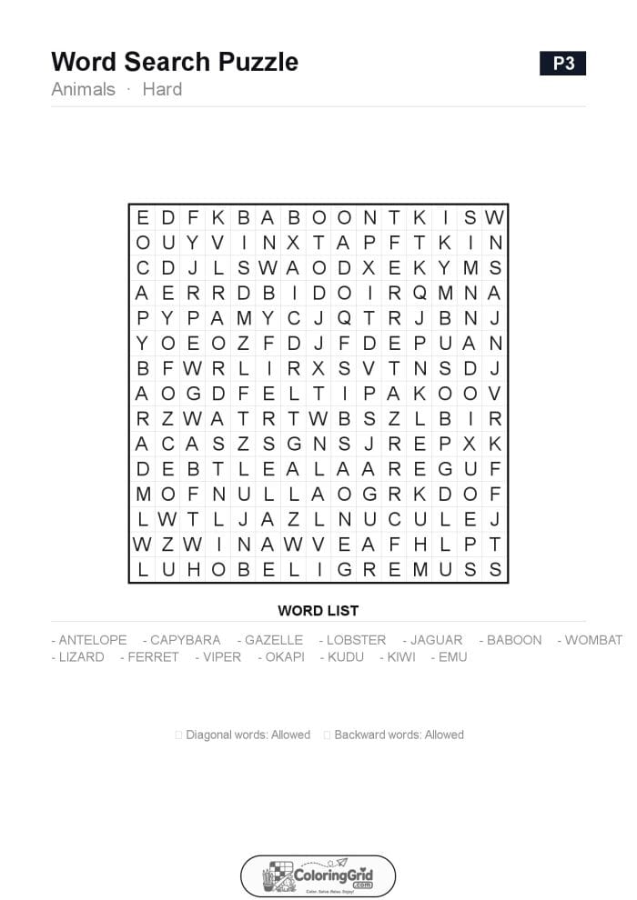 Word Search HARD - Animals Puzzle 003