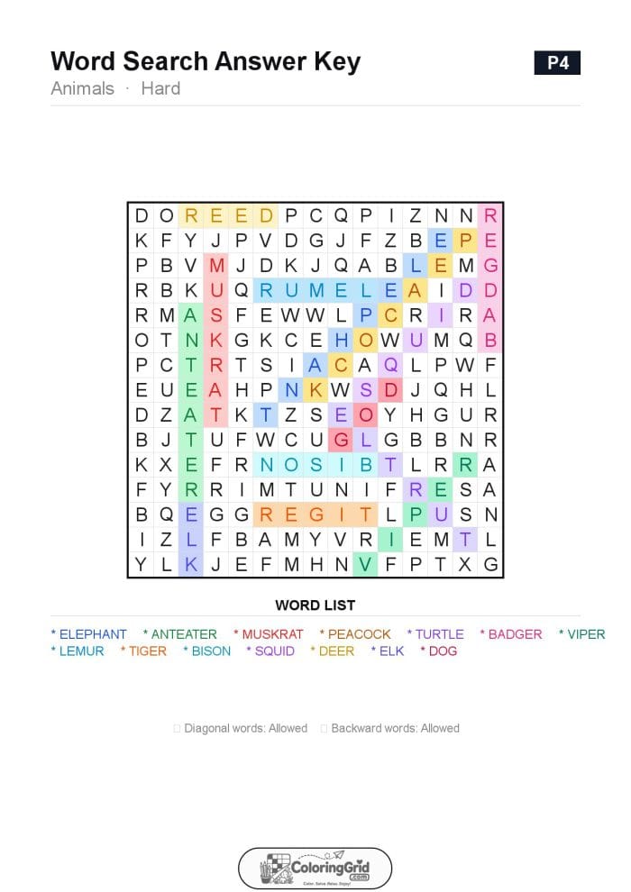 Word Search HARD - Animals Puzzle 004 - ANSWER