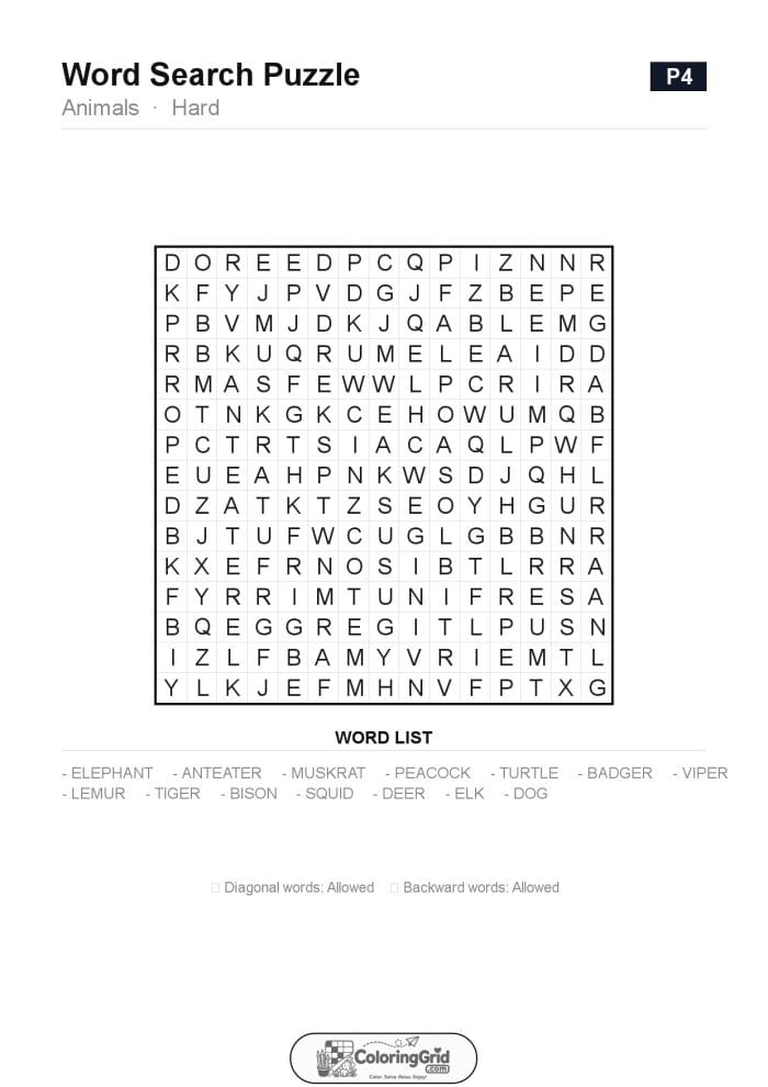Word Search HARD - Animals Puzzle 004