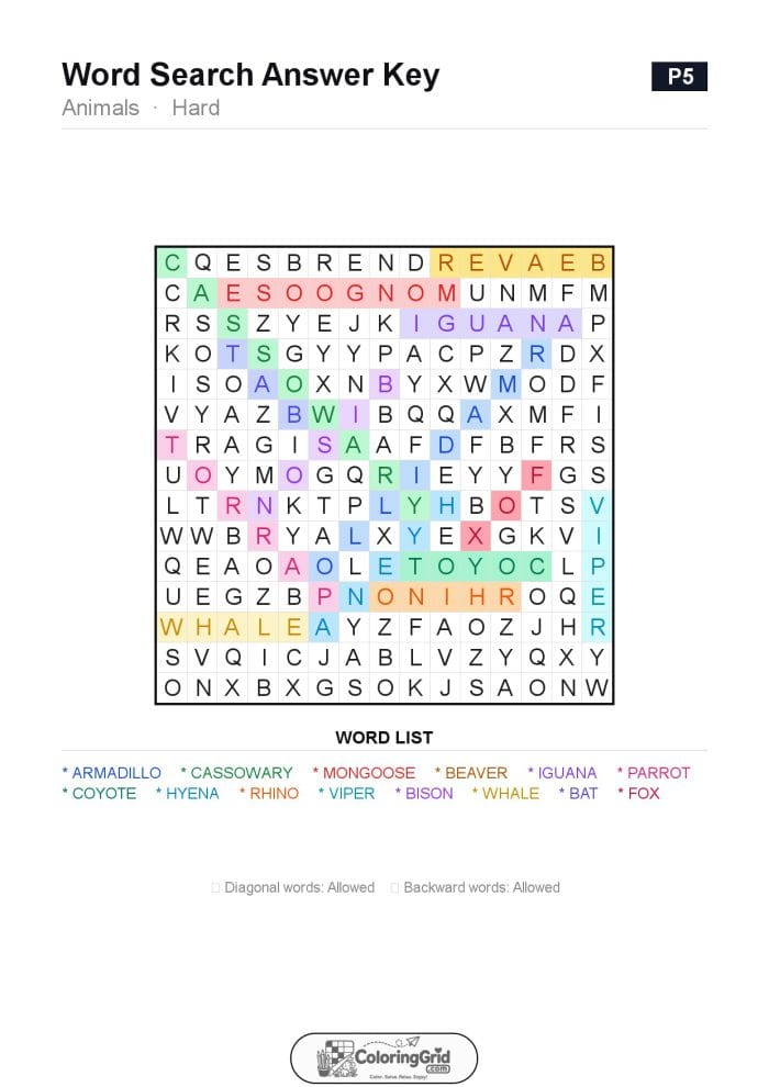 Word Search HARD - Animals Puzzle 005 - ANSWER