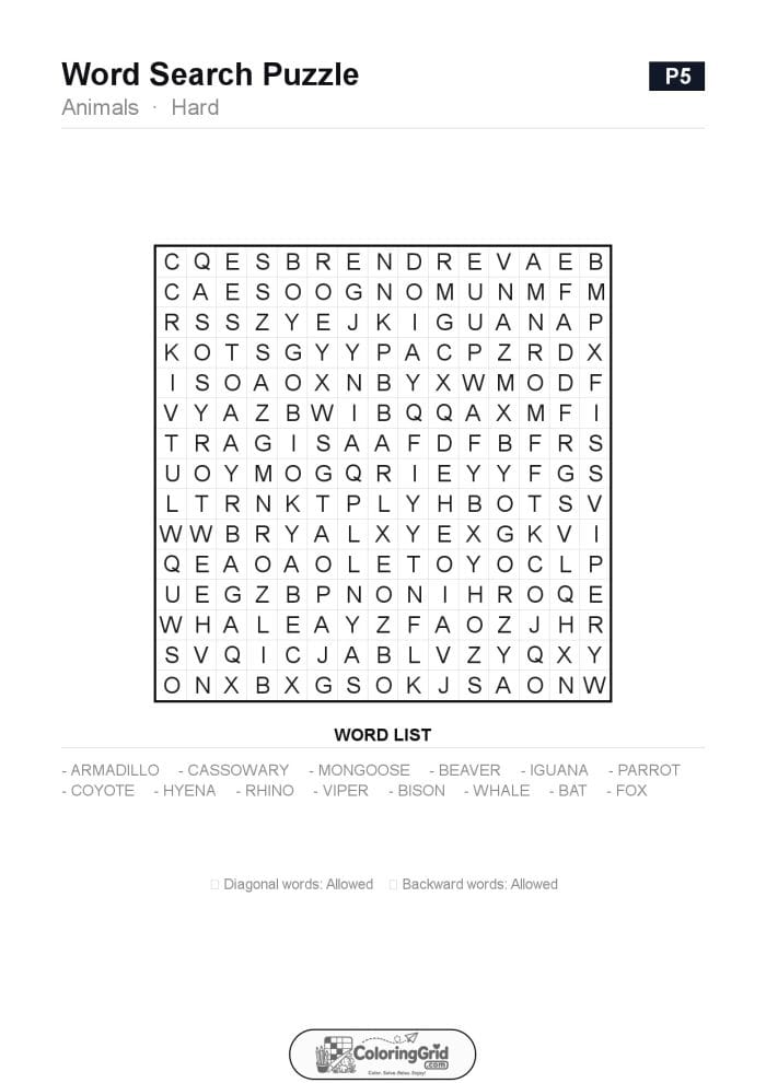 Word Search HARD - Animals Puzzle 005