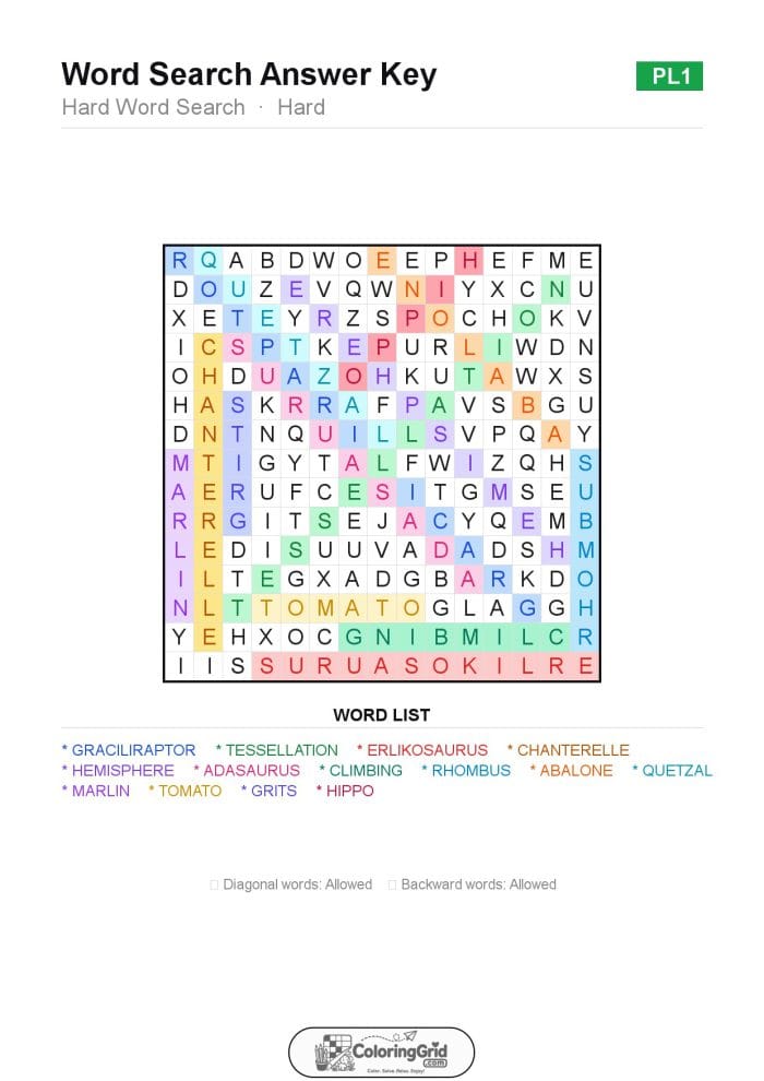 Word Search HARD - Hard Word Search Puzzle 001 - ANSWER