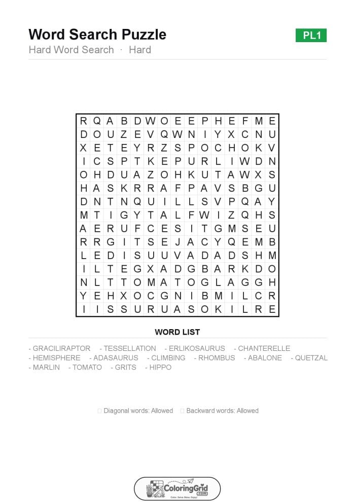 Word Search HARD - Hard Word Search Puzzle 001