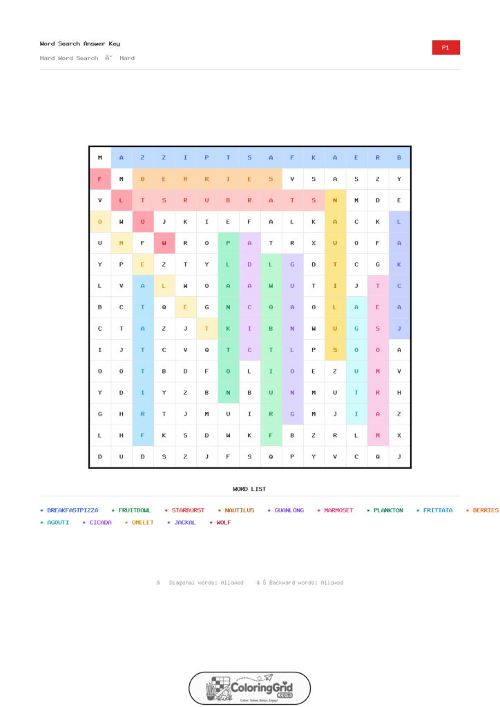 Word Search HARD - Hard Word Search Puzzle 001 - ANSWER
