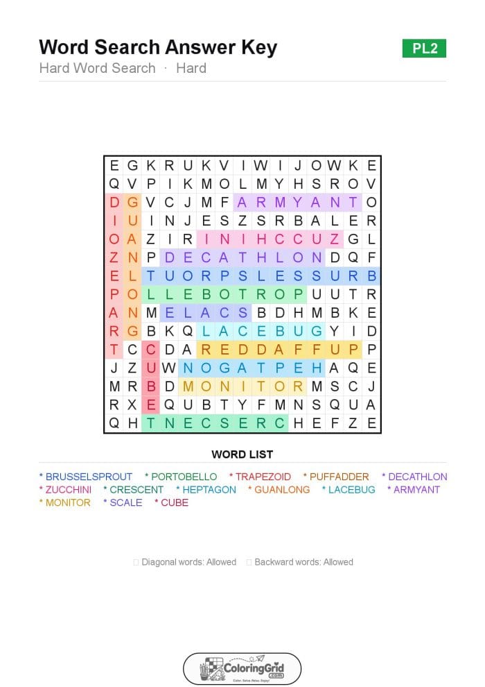 Word Search HARD - Hard Word Search Puzzle 002 - ANSWER