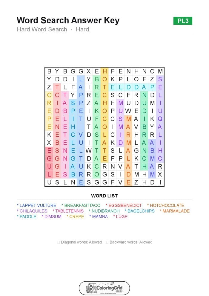 Word Search HARD - Hard Word Search Puzzle 003 - ANSWER