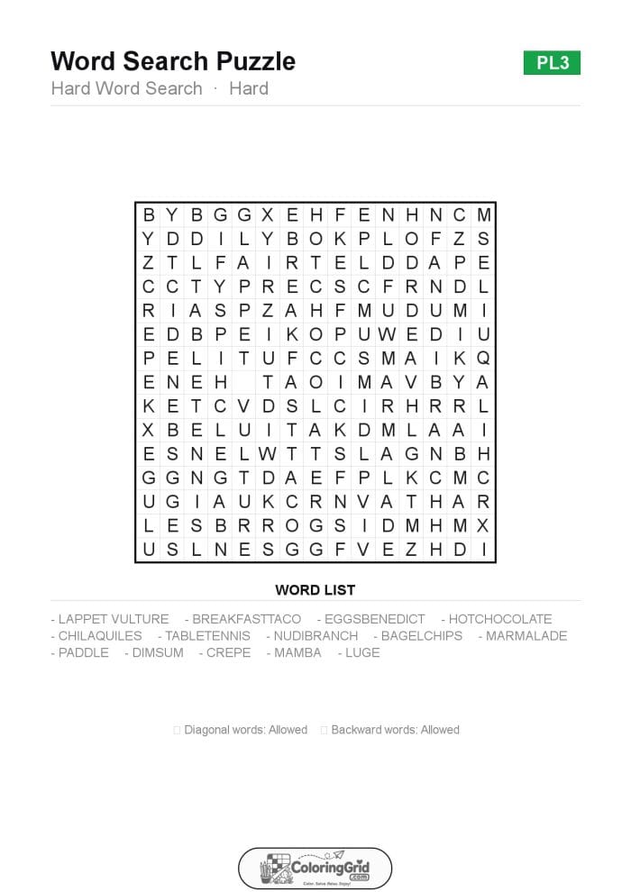 Word Search HARD - Hard Word Search Puzzle 003