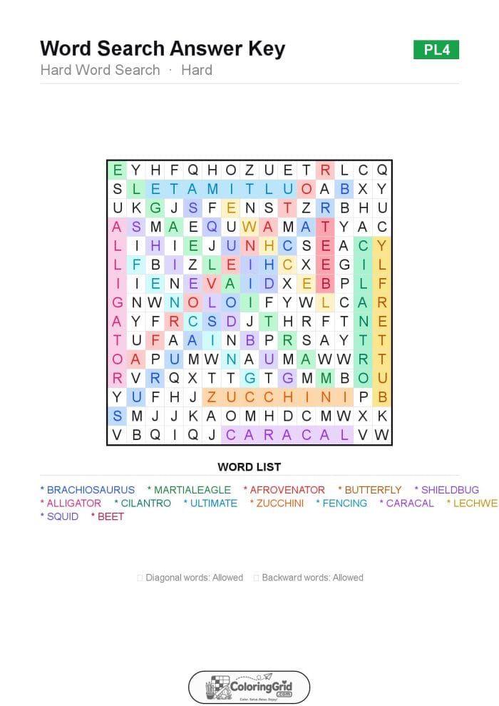 Word Search HARD - Hard Word Search Puzzle 004 - ANSWER