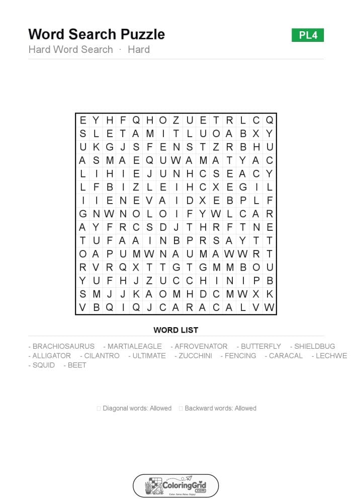 Word Search HARD - Hard Word Search Puzzle 004