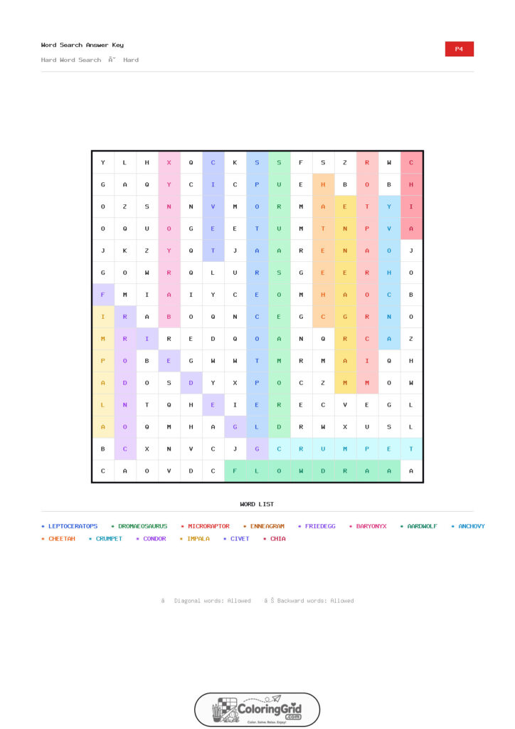 Word Search HARD - Hard Word Search Puzzle 004 - ANSWER