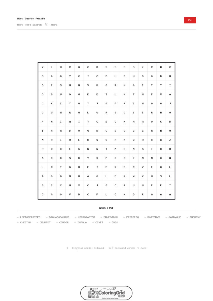 Word Search HARD - Hard Word Search Puzzle 004
