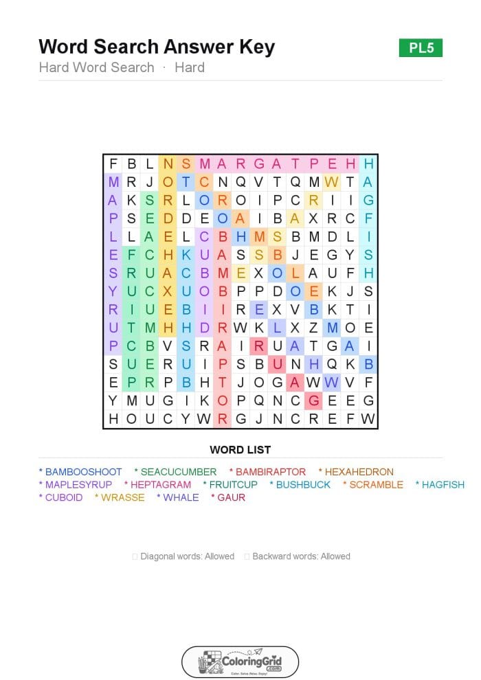 Word Search HARD - Hard Word Search Puzzle 005 - ANSWER