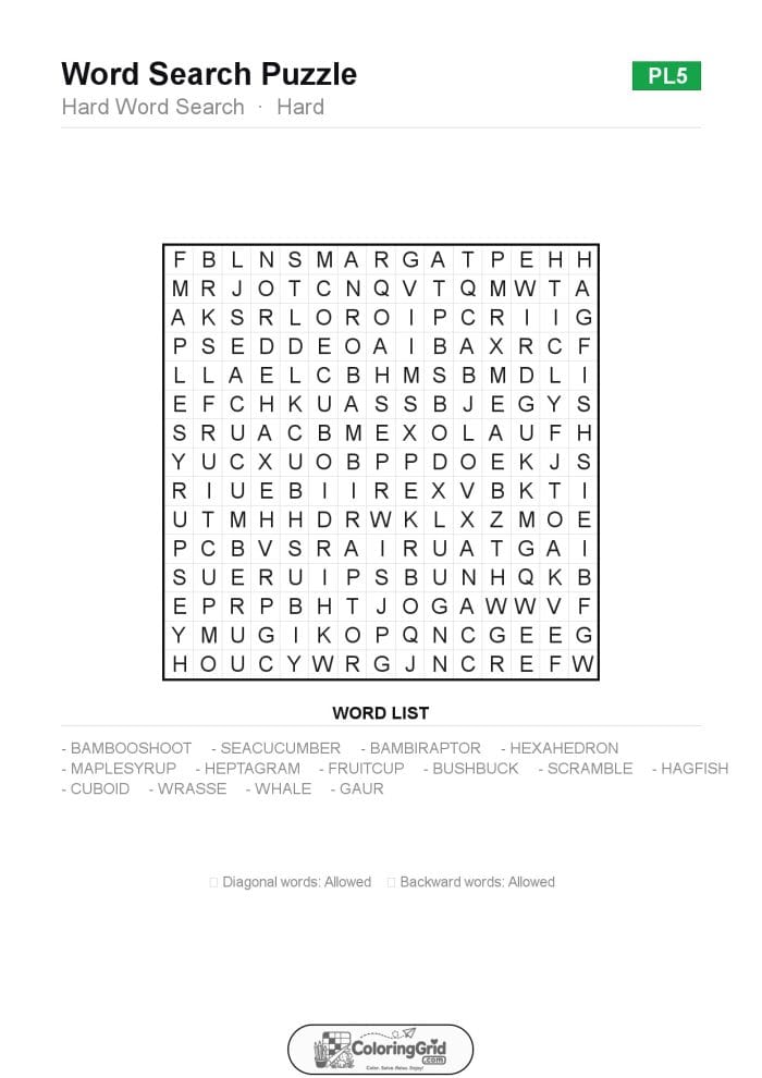 Word Search HARD - Hard Word Search Puzzle 005