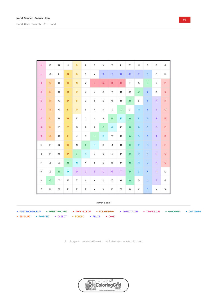 Word Search HARD - Hard Word Search Puzzle 005 - ANSWER
