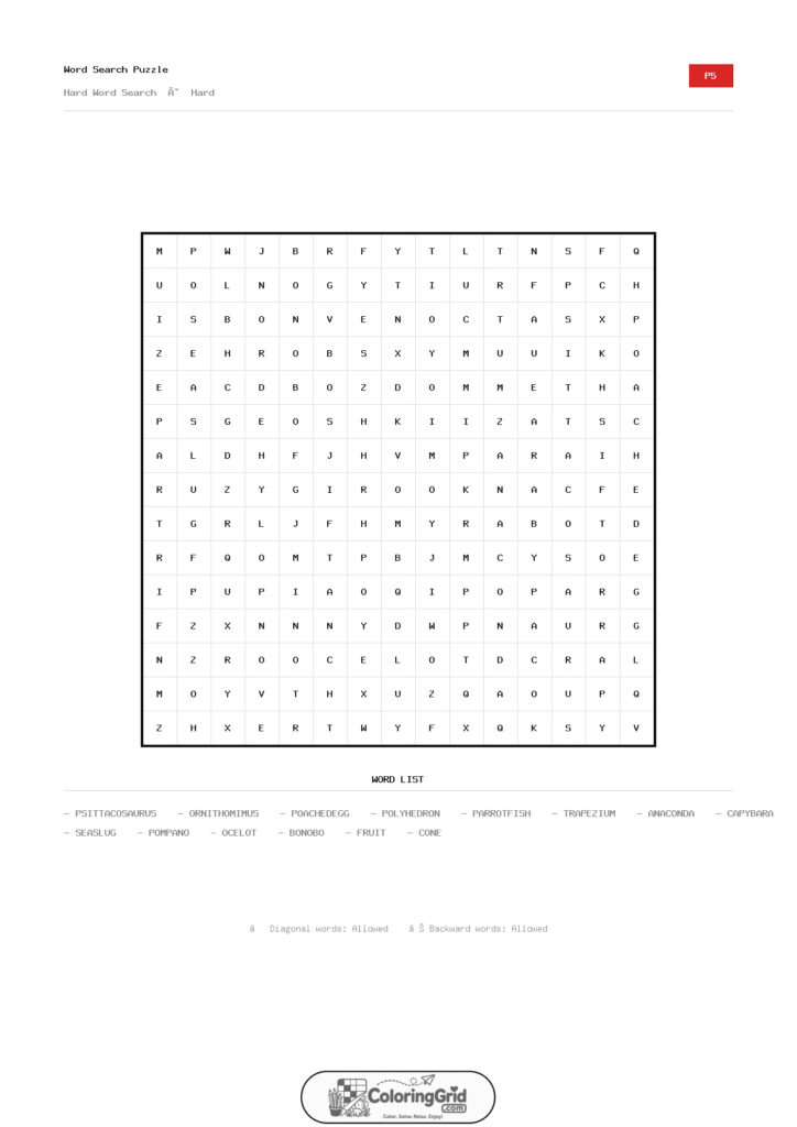 Word Search HARD - Hard Word Search Puzzle 005