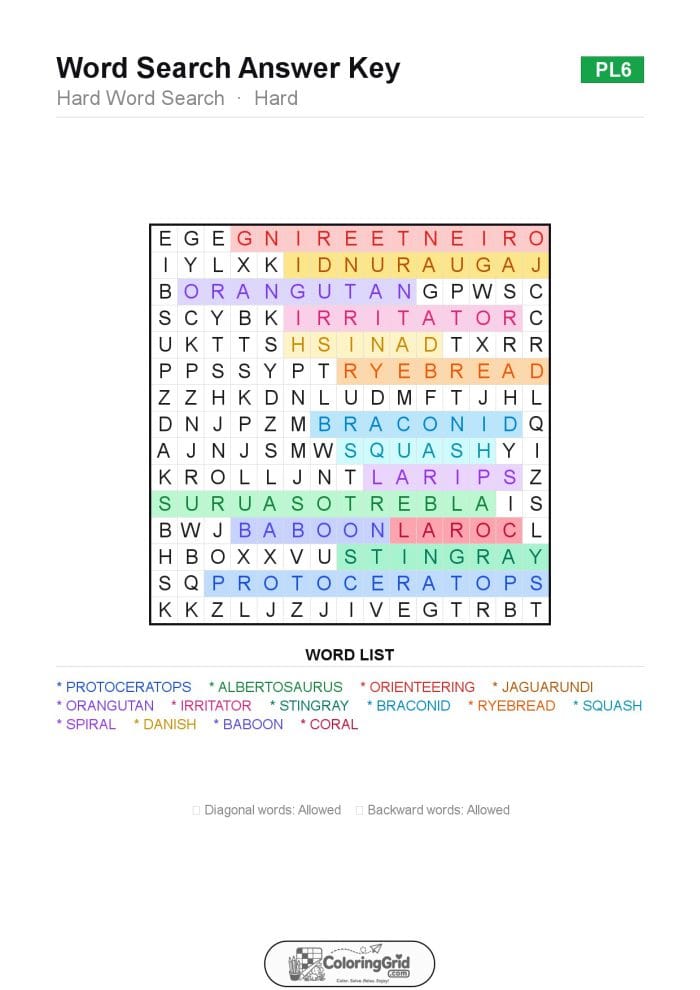 Word Search HARD - Hard Word Search Puzzle 006 - ANSWER