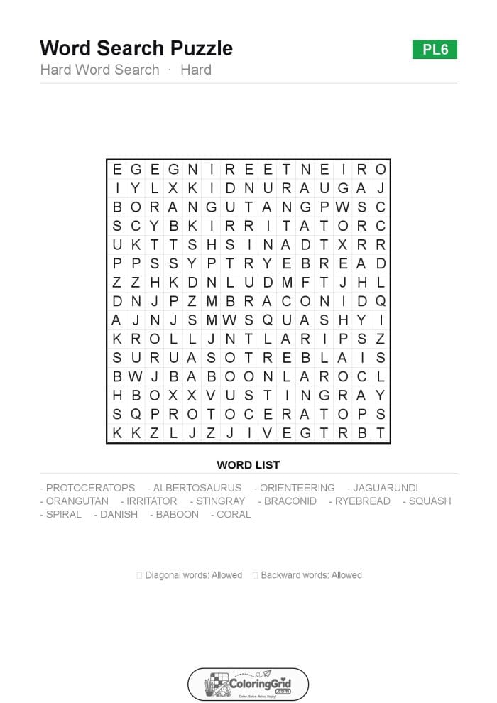 Word Search HARD - Hard Word Search Puzzle 006