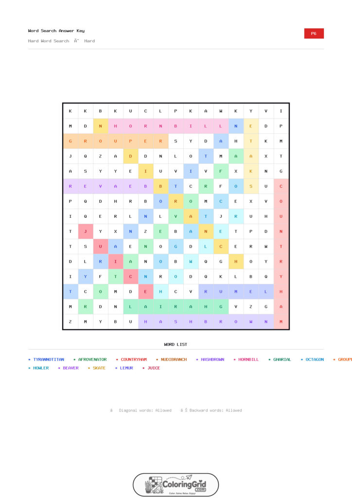 Word Search HARD - Hard Word Search Puzzle 006 - ANSWER