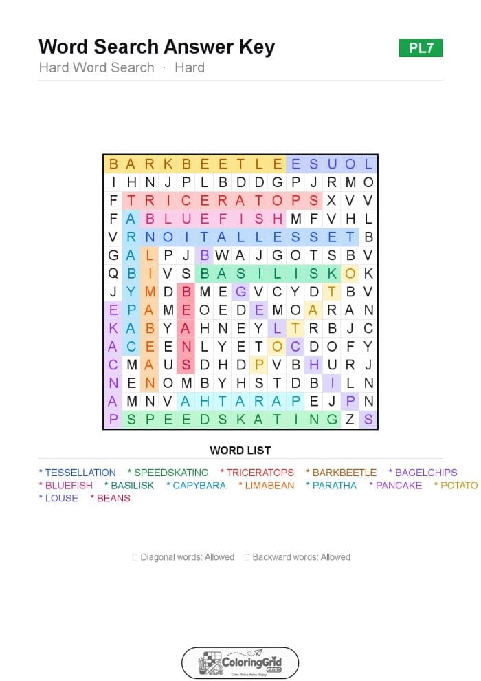 Word Search HARD - Hard Word Search Puzzle 007 - ANSWER