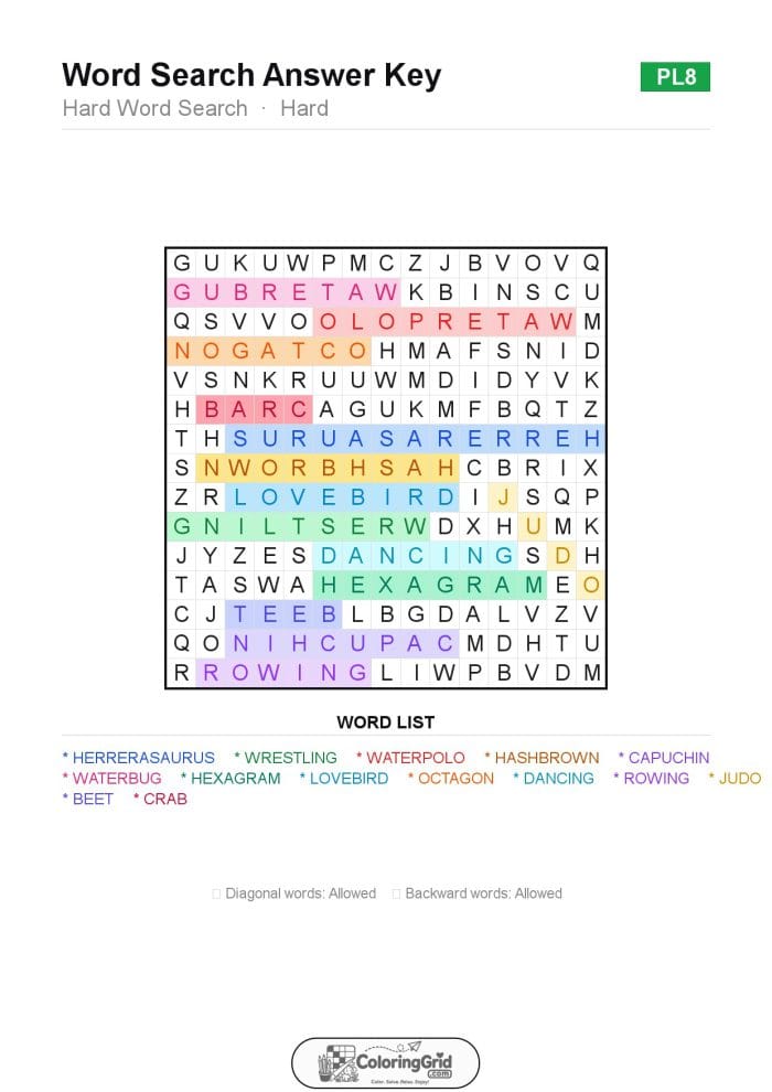 Word Search HARD - Hard Word Search Puzzle 008 - ANSWER
