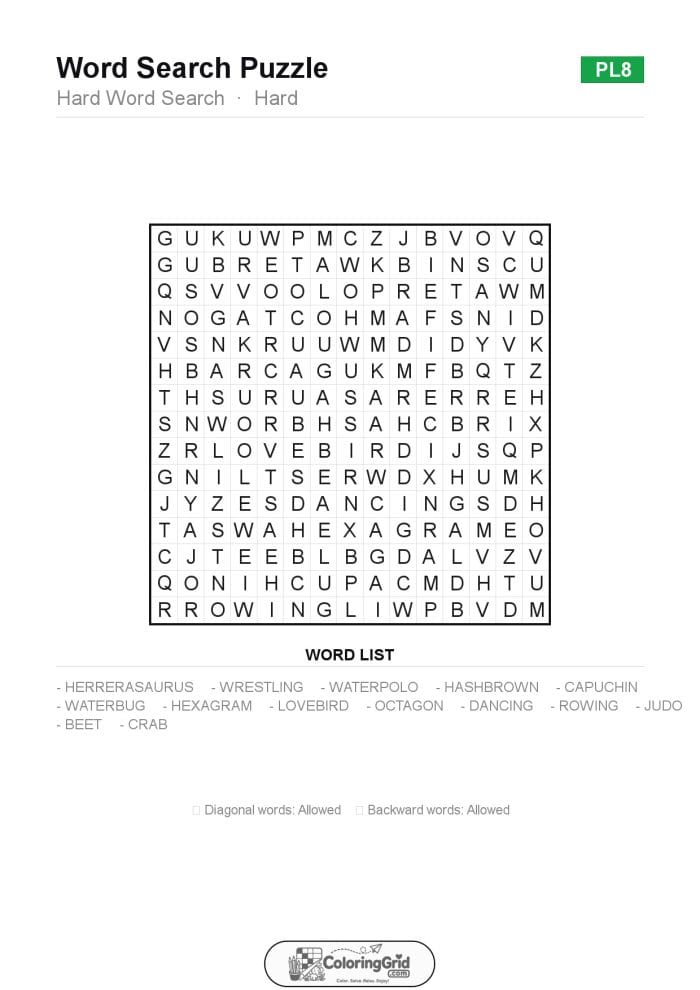 Word Search HARD - Hard Word Search Puzzle 008
