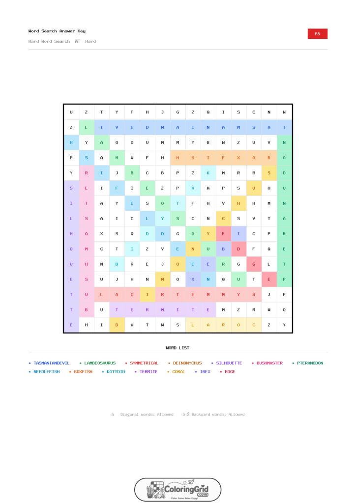 Word Search HARD - Hard Word Search Puzzle 008 - ANSWER