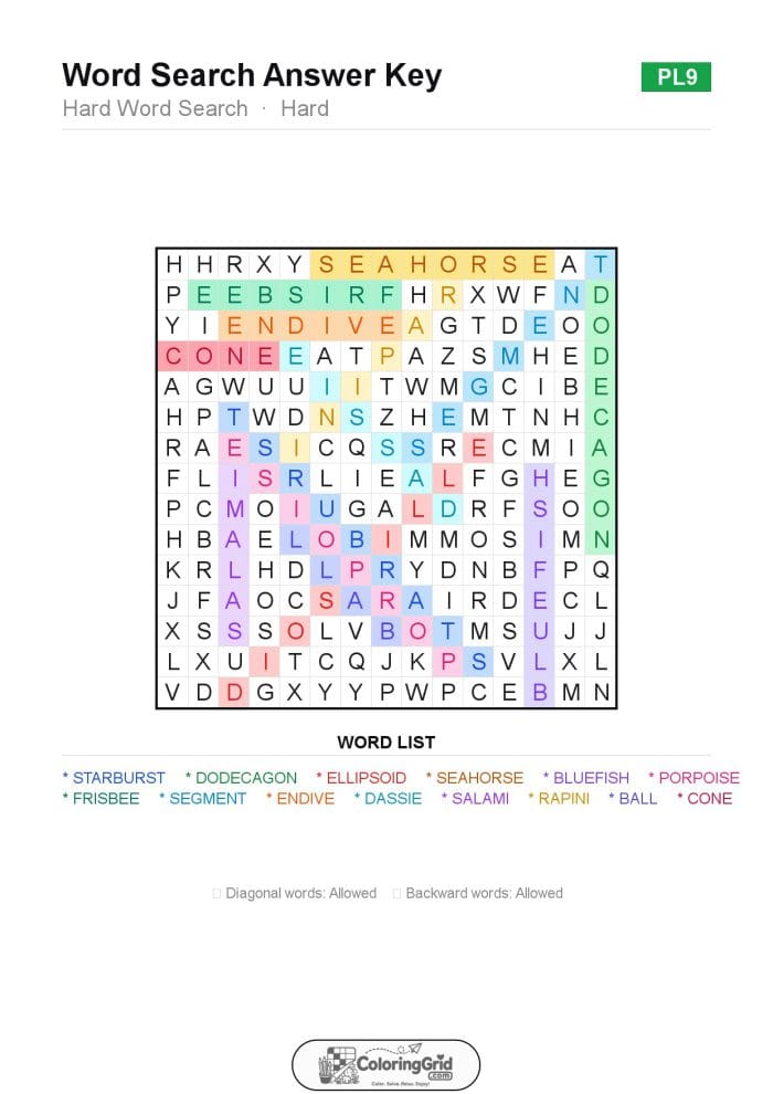 Word Search HARD - Hard Word Search Puzzle 009 - ANSWER