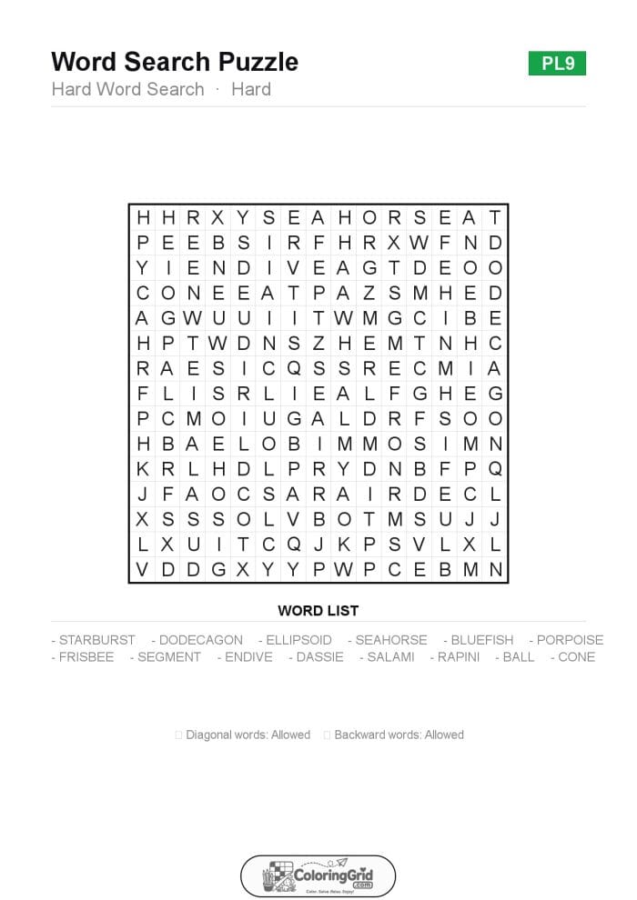 Word Search HARD - Hard Word Search Puzzle 009