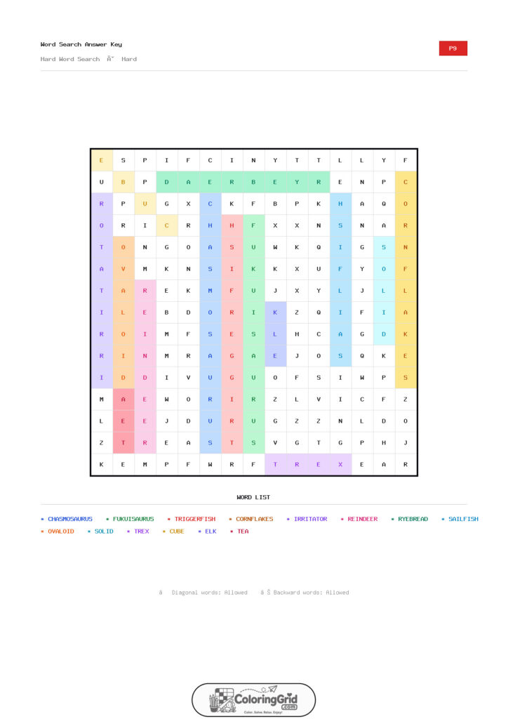 Word Search HARD - Hard Word Search Puzzle 009 - ANSWER