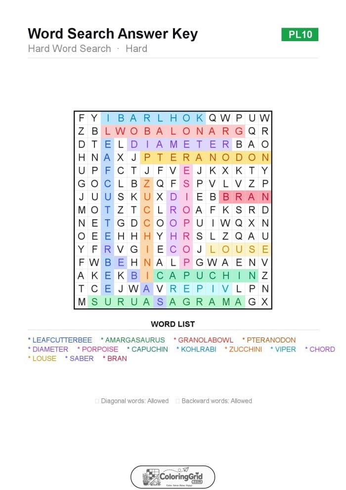 Word Search HARD - Hard Word Search Puzzle 010 - ANSWER